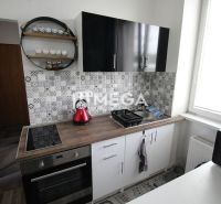 Kuchyně rekreačního apartmánu s černými skříňkami, varnou deskou a dekorativním obkladem.