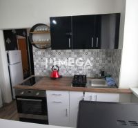 Kuchyně v rekreačním apartmánu s podlahou s dřevěným dekorem a geometrickými obklady na stěně.