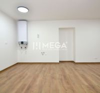 Prostorná místnost s podlahou s dřevěným dekorem a montovaným ohřívačem v 2-pokojovém bytě.