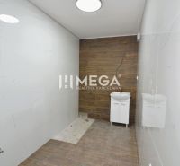 Koupelna s velkoformátovými dlaždicemi a podlahou s dřevěným dekorem v 3-pokojovém bytě.