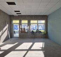 Obchodní prostory s vysokými okny, betonovou podlahou a bílým stropem.