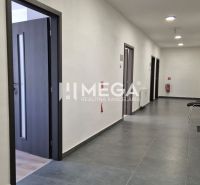 Chodba s několika kancelářemi, dlažbou a otevřenými dveřmi v kancelářích.