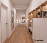 Chodba rodinného domu s vestavěnými skříněmi, zrcadlem a podlahou s dřevěným dekorem.