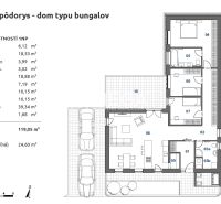 Půdorys bungalovu se třemi pokoji a terasou v rodinném domě.