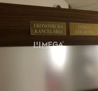 Dřevěný dekor na dveřích s jmenovkami Ekonomická kancelář a Vedoucí lékárník.
