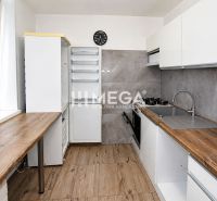 Kuchyně ve 3pokojovém bytě s podlahou s dřevěným dekorem a elegantní kuchyňskou linkou.