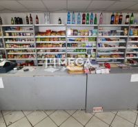 Obchod s potravinami s pultem a regály v rodinném domě, různé produkty na prodej.