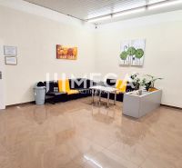 Interiér obchodních prostor s podlahou s dřevěným dekorem, moderním sezením a rostlinami.