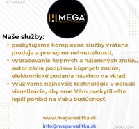 Reklama na služby realitní kanceláře Mega zahrnující prodej, pronájem a vizualizaci.