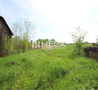 Pozemky - bydlení v Senném, tráva, stromy, dřevěná stavba na levé straně.