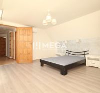 Světlá ložnice v rodinném domě s postelí, dřevěnými dveřmi a podlahou s dřevěným dekorem.