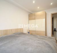 Pokoj třípokojového bytu s postelí, šatní skříní a podlahou s dřevěným dekorem.