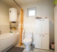 Koupelna v rodinném domě se sanitárním vybavením a úložnými skříňkami.
