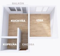Půdorys 1-pokojového bytu s kuchyní, pokojem, koupelnou a podlahou s dřevěným dekorem.