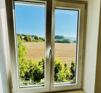 Pohled z 1-pokojového bytu na pole a zeleň v Malých Kršteňanech.
