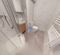 Koupelna v garsonce s vanou, umyvadlem, WC a stěnami s mramorovým dekorem.