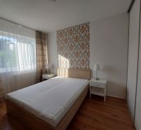Ložnice s postelí, tapetou a podlahou s dřevěným dekorem ve 3-pokojovém bytě.