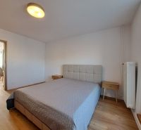 Ložnice s postelí a nočními stolky, podlaha s dřevěným dekorem v 2-pokojovém bytě.