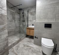 Koupelna v 3-pokojovém bytě s moderním sprchovým koutem a elegantními obklady.