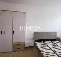 Ložnice v 2-pokojovém bytě s postelí, nočními stolky a skříní na podlaze s dřevěným dekorem.