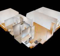 3D model třípokojového bytu s podlahou s dřevěným dekorem a prostornými místnostmi.