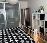 Ložnice v 2pokojovém bytě s úložným prostorem, postelí a podlahou s dřevěným dekorem.
