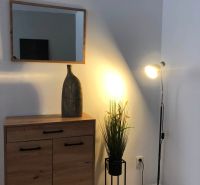 Zrcadlo, skříňka s podlahou s dřevěným dekorem a lampa vytvářejí atmosféru ve 2-pokojovém bytě.