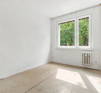 Prázdný pokoj v dvoupokojovém bytě s velkým oknem a radiátorem, světlými stěnami.