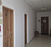 Kanceláře s bílými stěnami a dveřmi s dřevěným dekorem pro různé firmy.