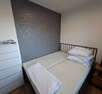 Ložnice v 1-pokojovém bytě s tmavou stěnou a podlahou s dřevěným dekorem.