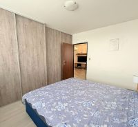 Ložnice s postelí, vestavěnou skříní a průchodem do obývacího pokoje v 3-pokojovém bytě.