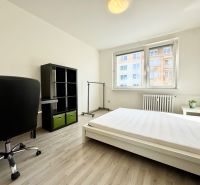 Světlá ložnice ve 3-pokojovém bytě s postelí, pracovním stolem, policí a podlahou s dřevěným dekorem.