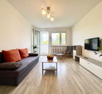 Obývací pokoj s podlahou s dřevěným dekorem, pohovkou a televizí ve 3-pokojovém bytě.