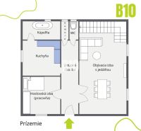 Půdorys přízemí rodinného domu: obývací pokoj s jídelnou, kuchyně, koupelna, pokoje.