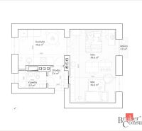 Půdorys 2-pokojového bytu s kuchyní, koupelnou a balkonem, 48,5 m².