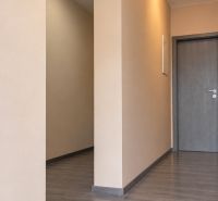 Chodba v rodinném domě s podlahou s dřevěným dekorem a neutrálními stěnami.