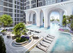 Výstavba bytů v Pattaya: bazén, lehátka, zeleň, moderní architektura, exteriér, slunné místo.