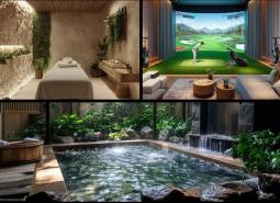 Wellness místnost, golfový simulátor a jacuzzi v rámci výstavby bytů.