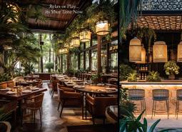 Luxusní interiér restaurace s dřevěnými stoly, židlemi a rostlinami. Výstavba bytů.