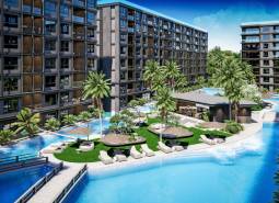 Výstavba bytů v Pattaye s bazénem a palmami nabízí relaxační atmosféru.