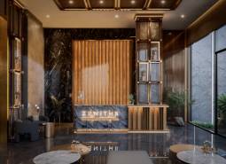 Interiér vstupní haly se stěnou z mramoru a podlahou s dřevěným dekorem. Výstavba bytů.