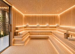 Interiér luxusní sauny s dřevěným dekorem a relaxační atmosférou v rámci výstavby bytů.