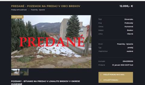 Pozemky - bydlení, Hlavná, prodej, Humenné, Slovensko