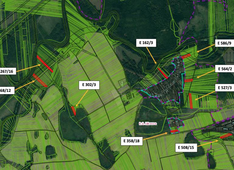 Mapa zemědělských a lesních pozemků v okolí Ižkoviec se značením parcel.