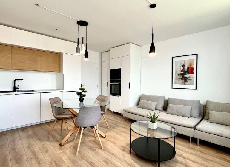 Designová kuchyně a obývací pokoj v 2pokojovém bytě s dřevěnými detaily a dekorací.