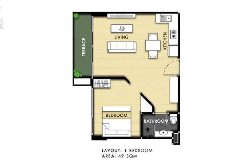 Půdorys 2-pokojového bytu s terasou, kuchyní, obývacím pokojem a koupelnou. Rozloha 49 m².