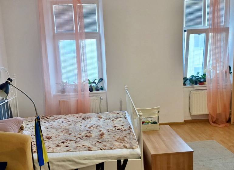 Interiér 1-pokojového bytu s postelí, dřevěnou podlahou a okny s růžovými závěsy.