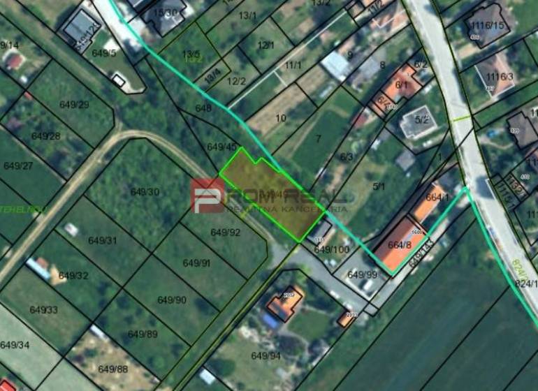 Katastrální mapa v Budmericích na Polní ulici, označující pozemky - bydlení.