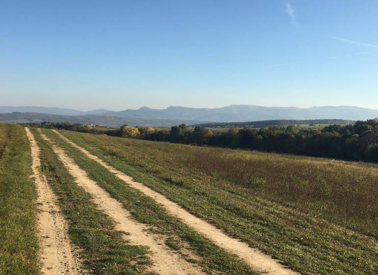 Zemědělské a lesní pozemky, polní cesta s výhledem na kopce v okolí Prievidze.