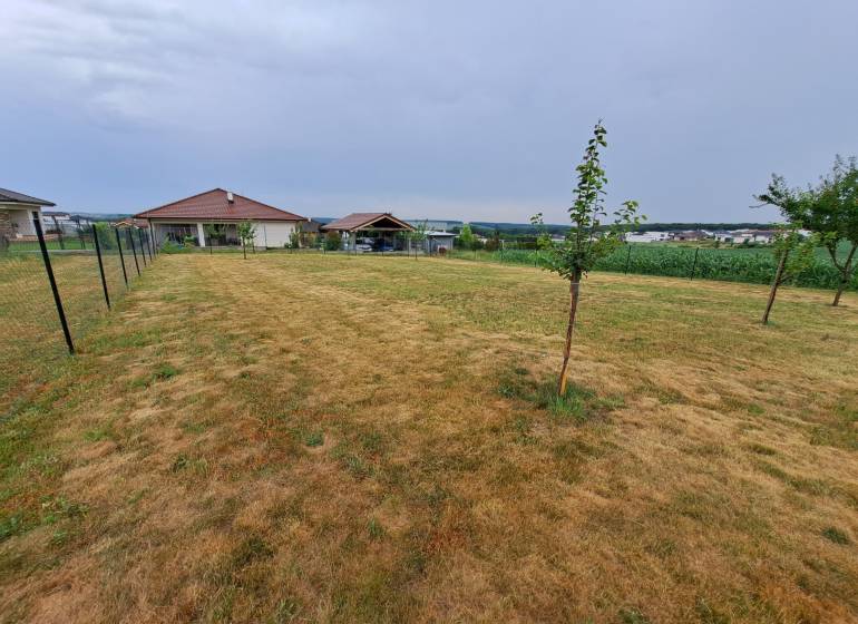 Pozemek na bydlení v Nitře s trávníkem, plotem a stromy, vzdálené budovy.